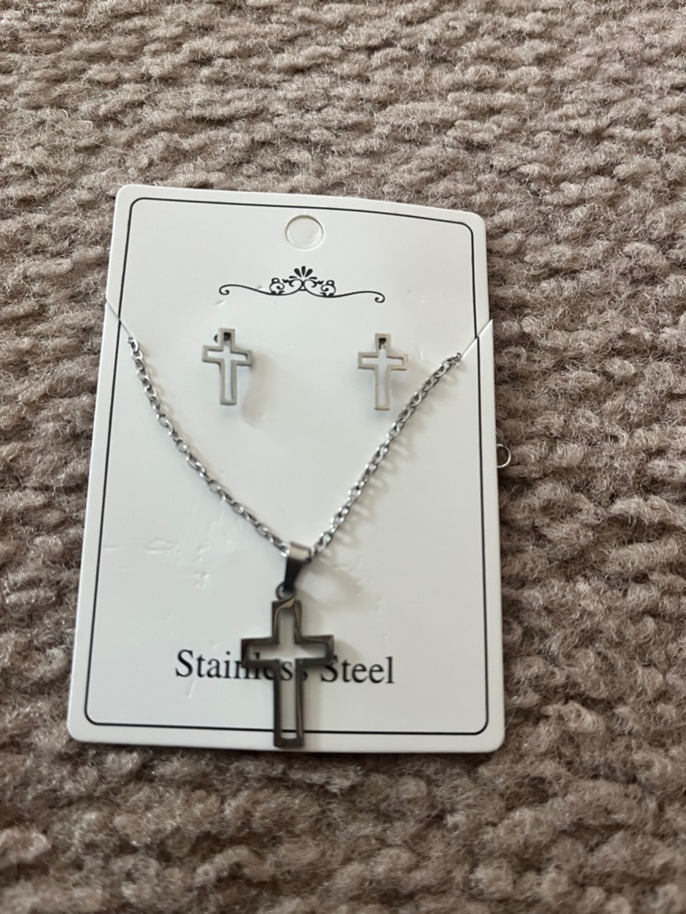 Stainless Steel Silver Cross Necklace and Earring Set - Silver